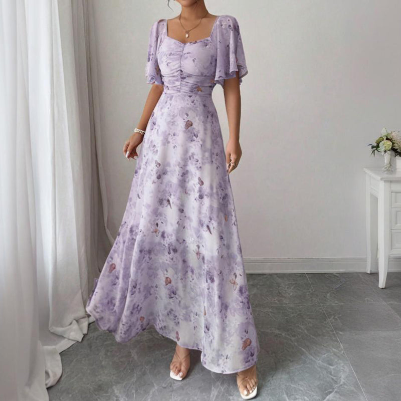Women's Solid Color Square Neck Short Sleeve Butterfly Print Flowy Dress A-Line Summer Vacation Maxi Dress