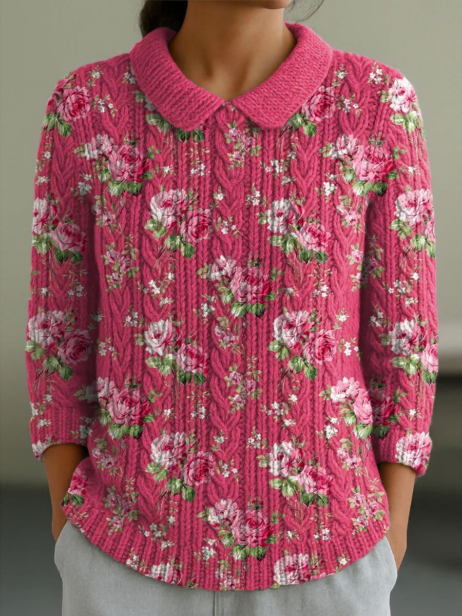 Autumn And Winter New Women's Doll Collar Knitted Jacquard Fabric French Retro Printed Top