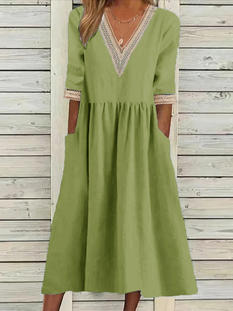 Cotton And Linen Lace Collar Half Sleeve Mid-length Dress