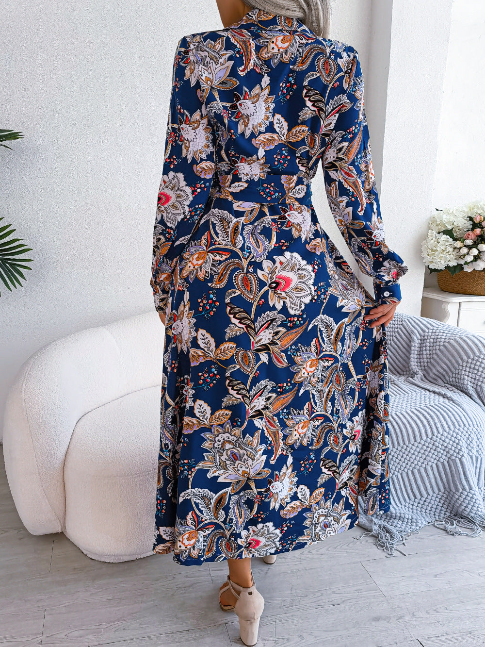 Retro Floral Stand Collar Belted Shirt Dress Long Skirt Women's Fashion Full Sleeve Regular Waistline Ankle-Length