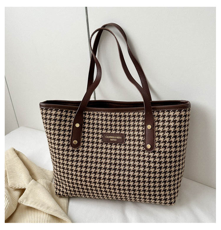 Houndstooth Shoulder Bag Winter Fashion Commuting Handbags Women Large Capacity Totes Casual Shopping Bag