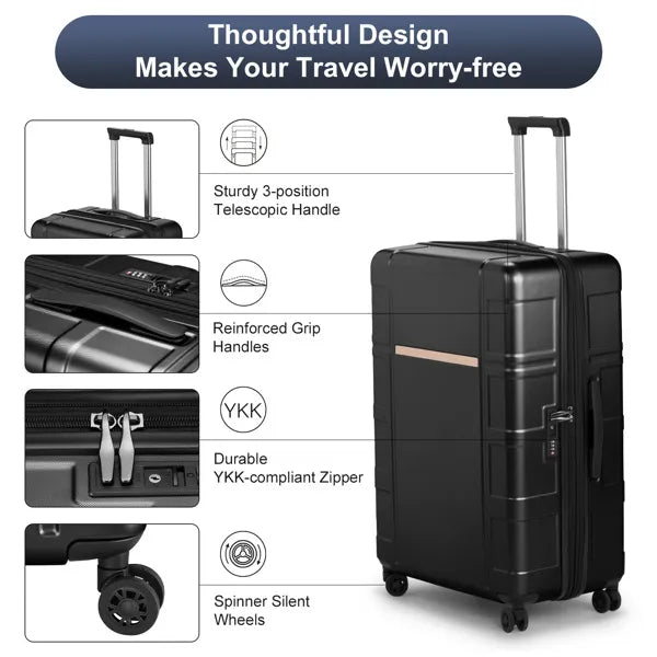 FCH 3-in-1 Set Double Wheel Silent Wheel With Wet & Dry Separation Compartment ABS, PC Trolley Case 20in 24in 28in ABS, PC Inner Aluminum Outer Iron Tie Rod Fabric - Black- FREE USA SHIPPING