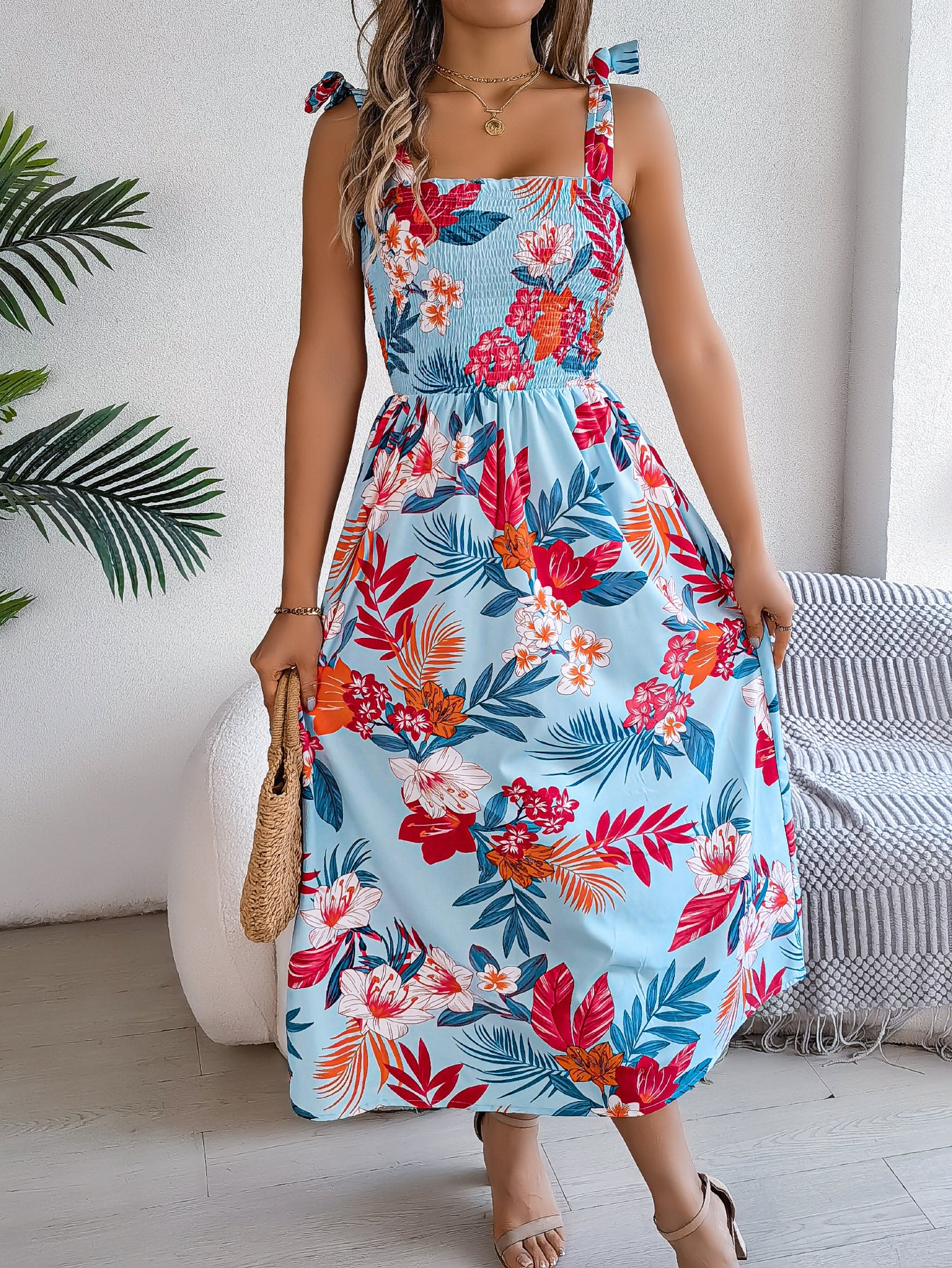 Flowers Print Suspender Corset Dress Ins Fashion Holiday Beach Long Dresses Summer Clothing For Women