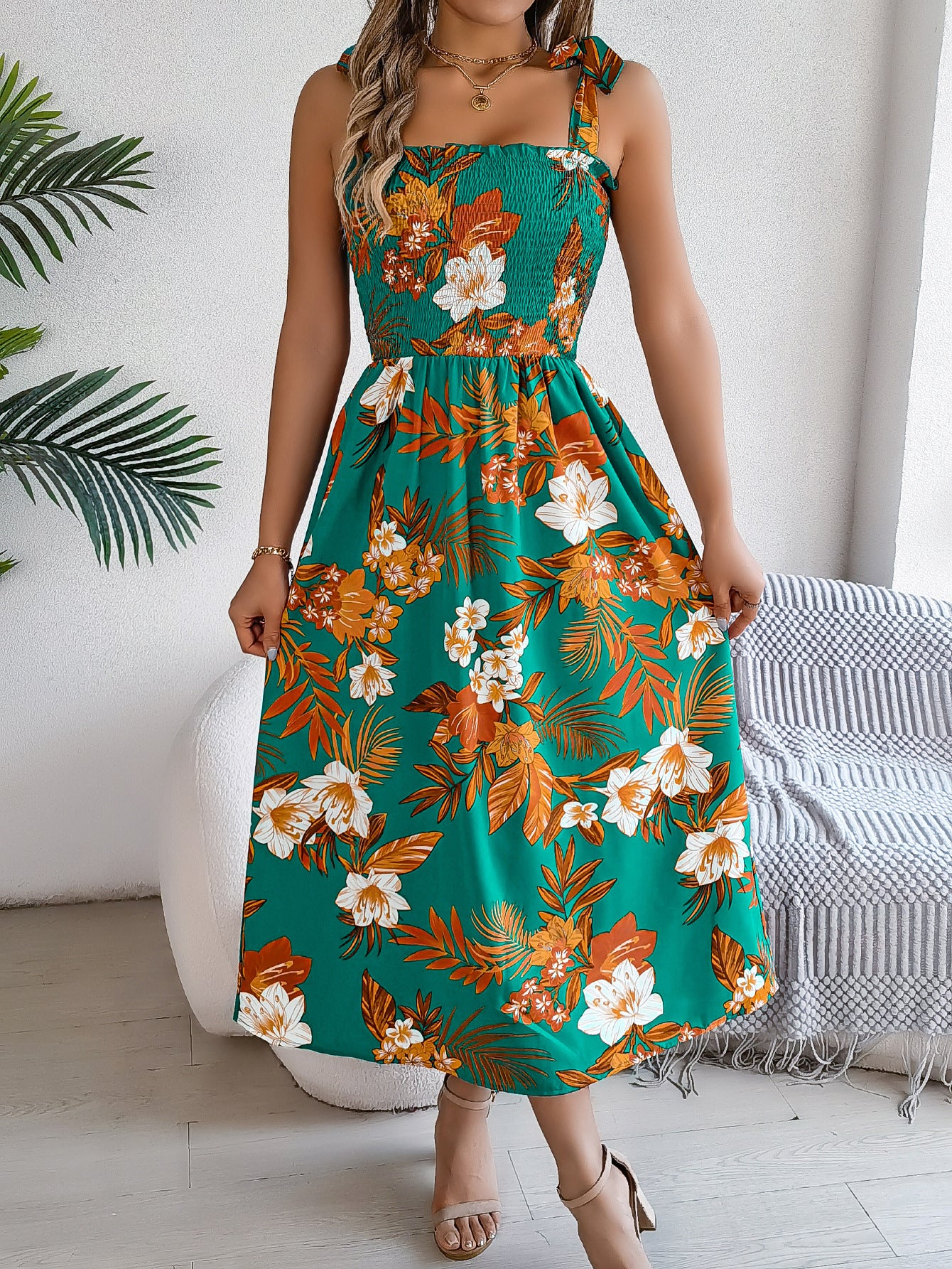 Flowers Print Suspender Corset Dress Ins Fashion Holiday Beach Long Dresses Summer Clothing For Women