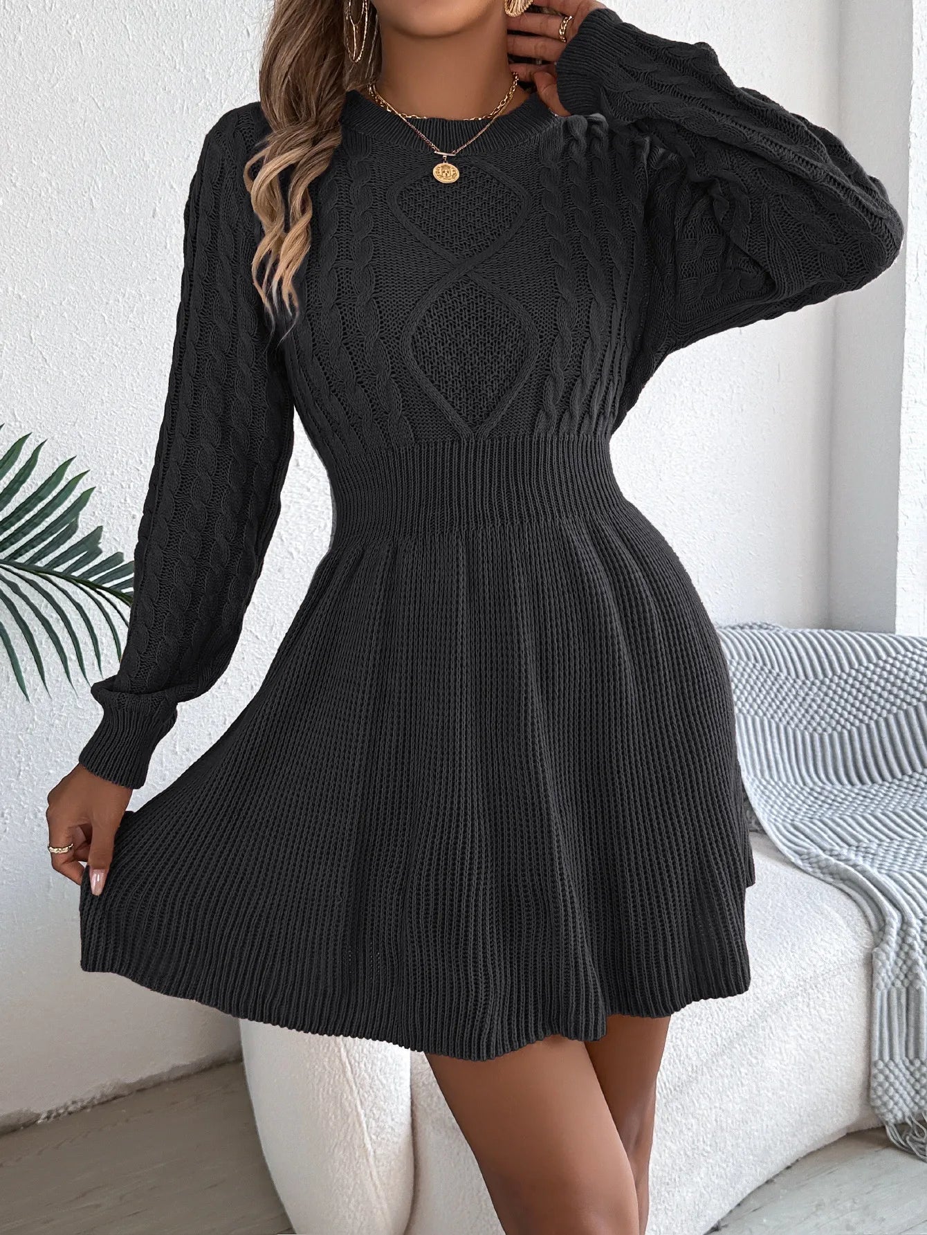 Solid Color Twist Fitted Waist Lantern Long Sleeve Sweater Dress