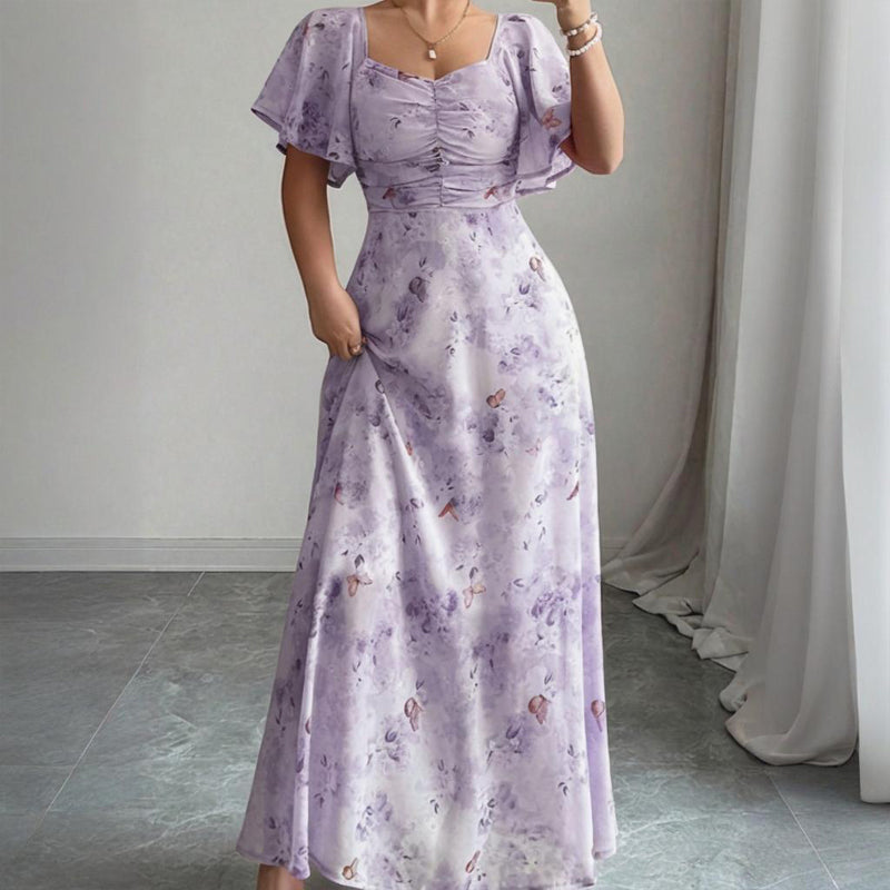 Women's Solid Color Square Neck Short Sleeve Butterfly Print Flowy Dress A-Line Summer Vacation Maxi Dress