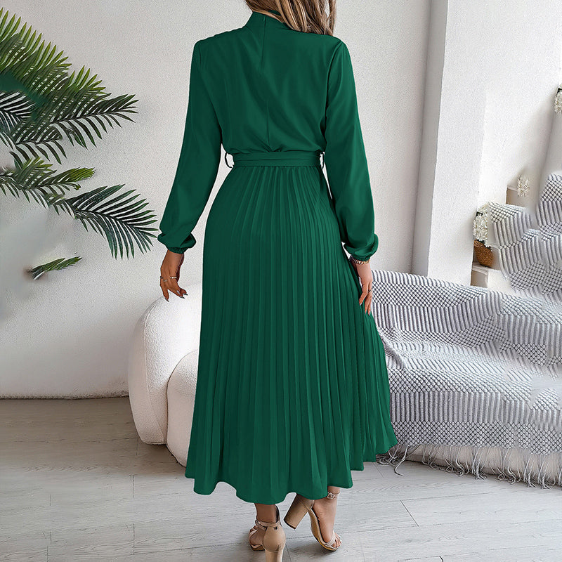 Elegant High Neck Long Sleeve Pleated Maxi Dress - Solid Color Flowy Dress For Women, Casual To Formal Wear-FREE USA SHIPPING