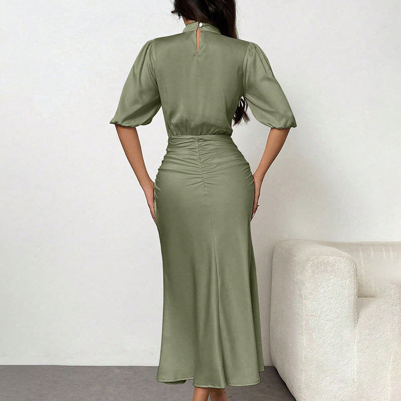 Women's Short Sleeve Mock Neck Ruched Midi Dress Slim Fit Elegant Party Dress-FREE USA SHIPPING