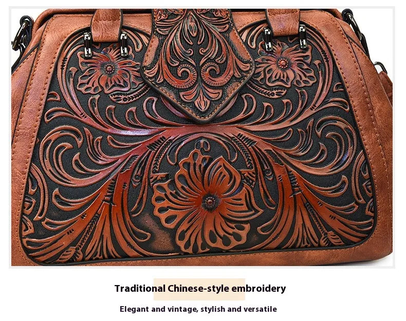 Handmade Carved One-shoulder Women's Leather Bag