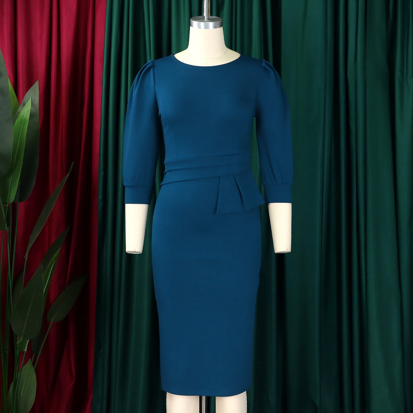 Women's Bodycon Pencil Dress Round Neck 3 /4 th Sleeve Peplum Office Dress - Free USA Shipping