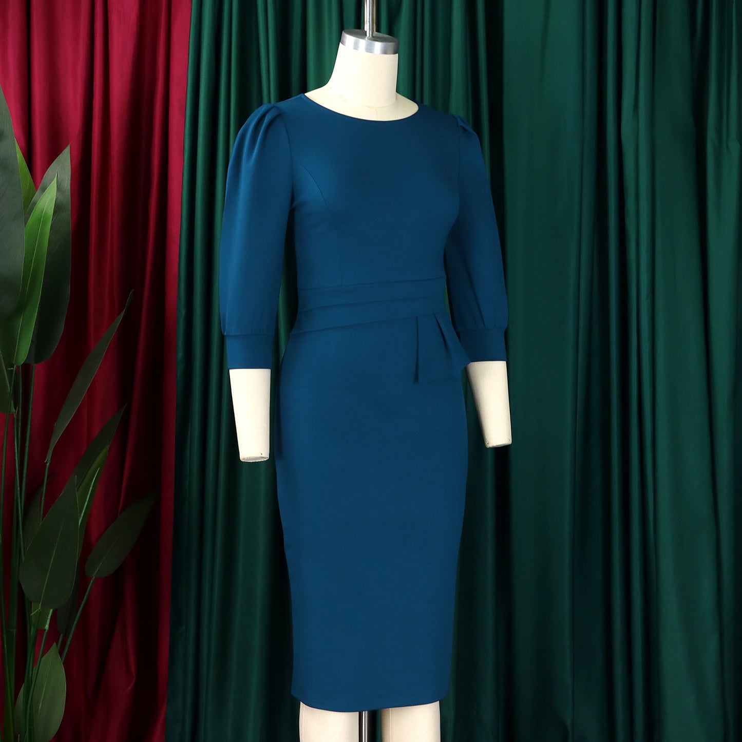 Women's Bodycon Pencil Dress Round Neck 3 /4 th Sleeve Peplum Office Dress - Free USA Shipping