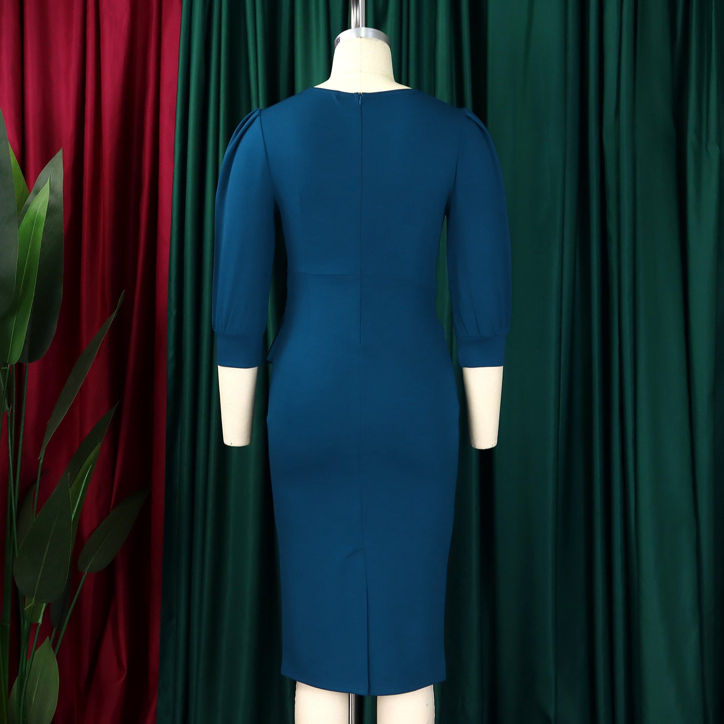 Women's Bodycon Pencil Dress Round Neck 3 /4 th Sleeve Peplum Office Dress - Free USA Shipping