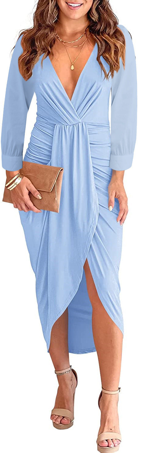 V-neck Ruffle Hip Split Women's Clothing Dress
