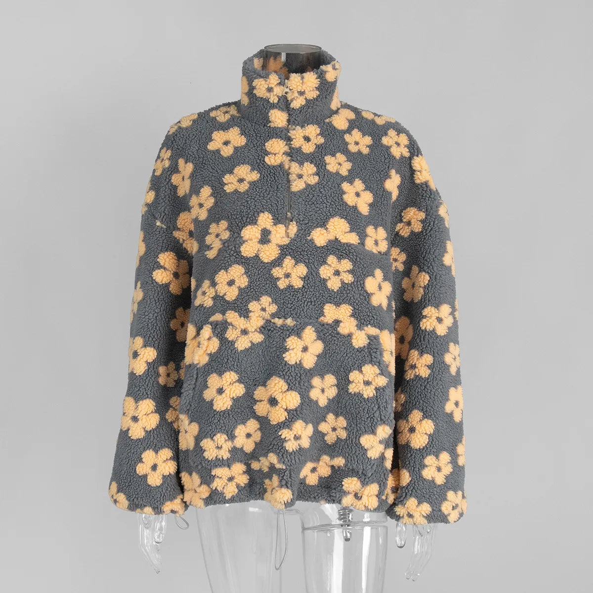 Winter Flowers Lambskin Sweatshirt With Big Pocket Casual Loose Zip-up Lapel Pullover Top Women's Clothing