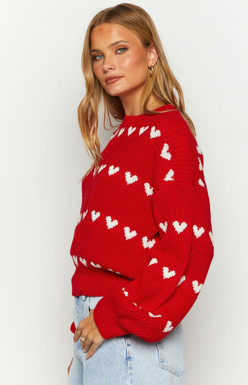 Sweet Cute Love Heart Two-tone Jacquard Contrast Color Round Neck Long Sleeve Sweater