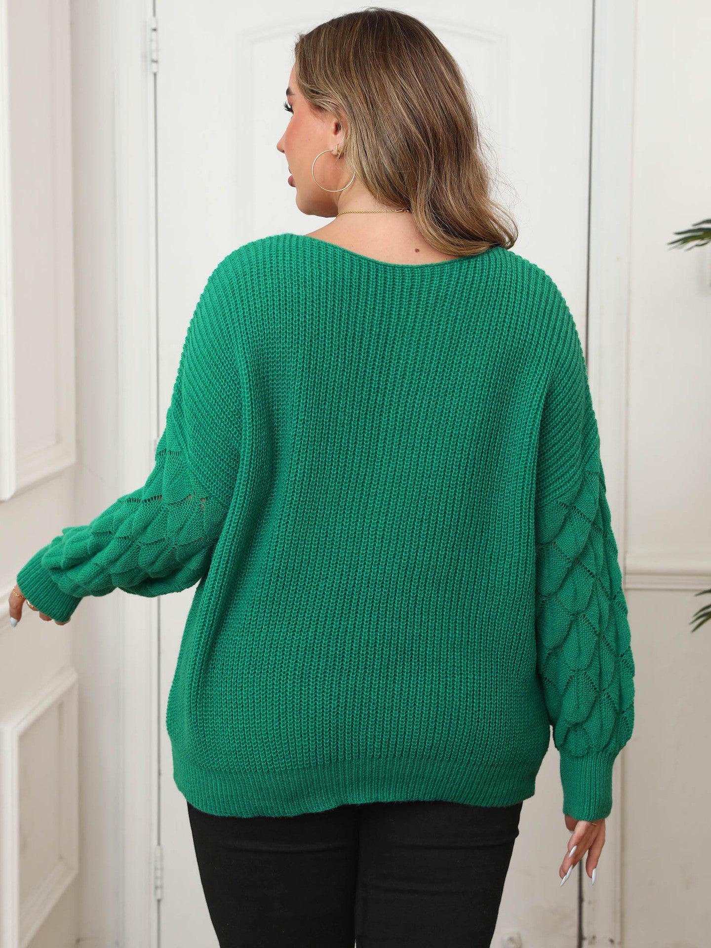 Plus Size Women's Pineapple Sleeve Stitching Deep V Woven Lace Butterfly Sweater