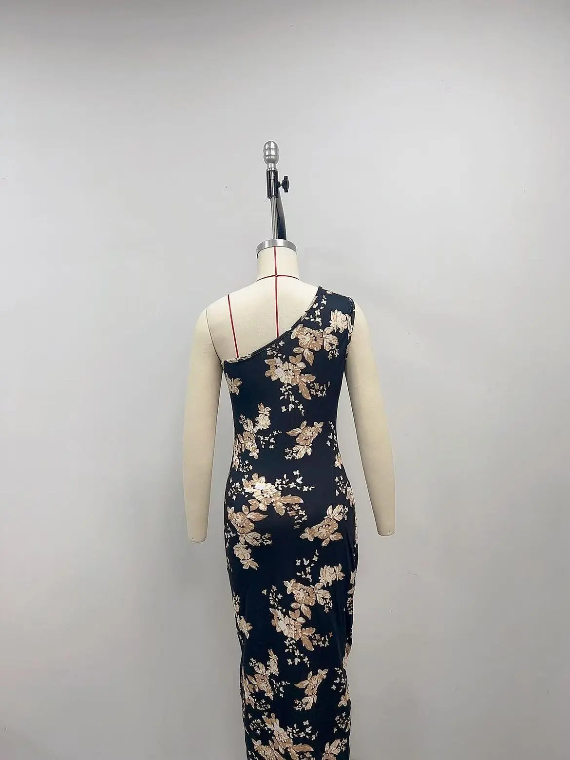 Oblique Shoulder Printed Sheath Dress High Slit