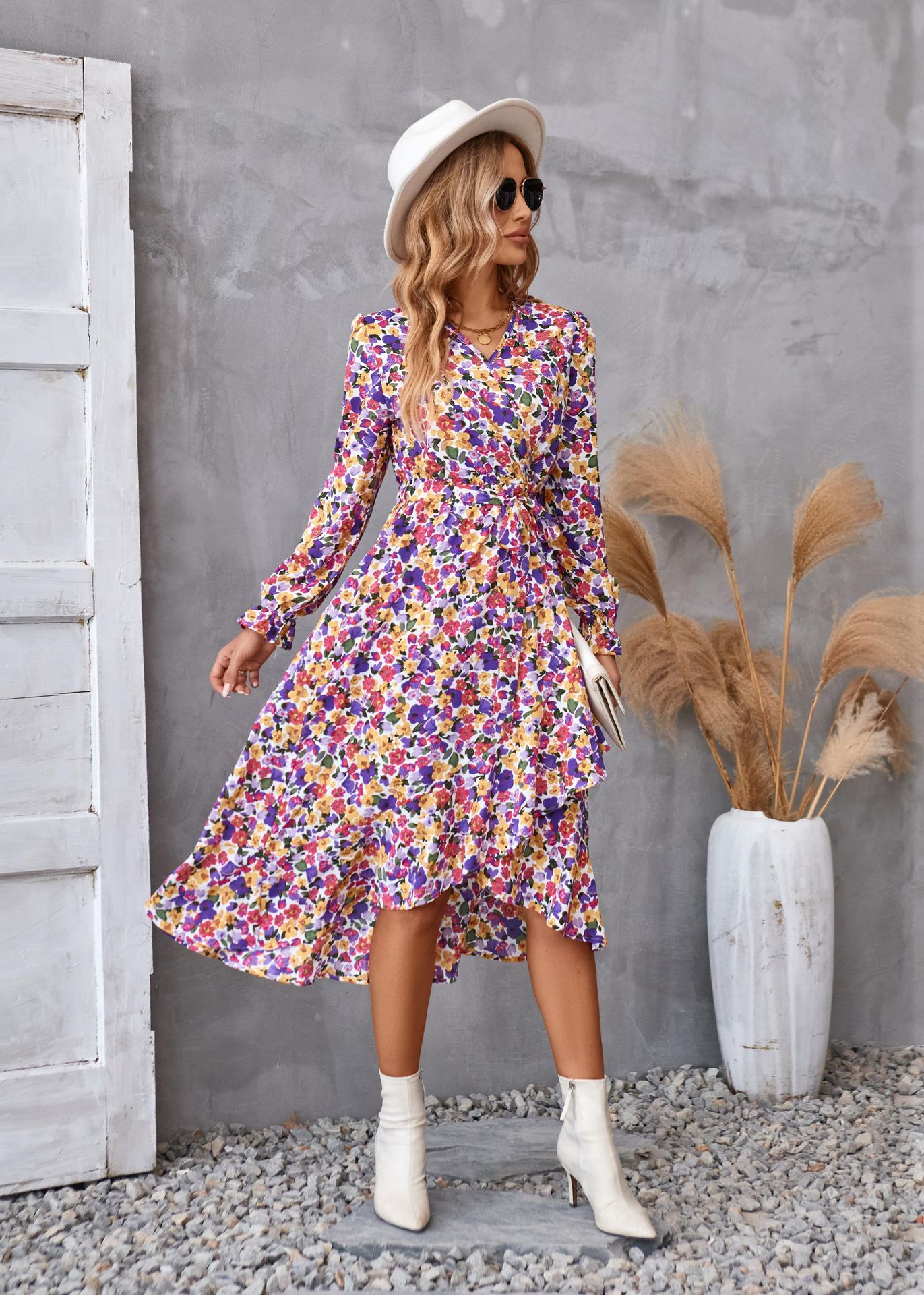 Flowers Print Long Sleeve Dress Fashion Ruffled Commuter Temperament Dresses Womens Clothing