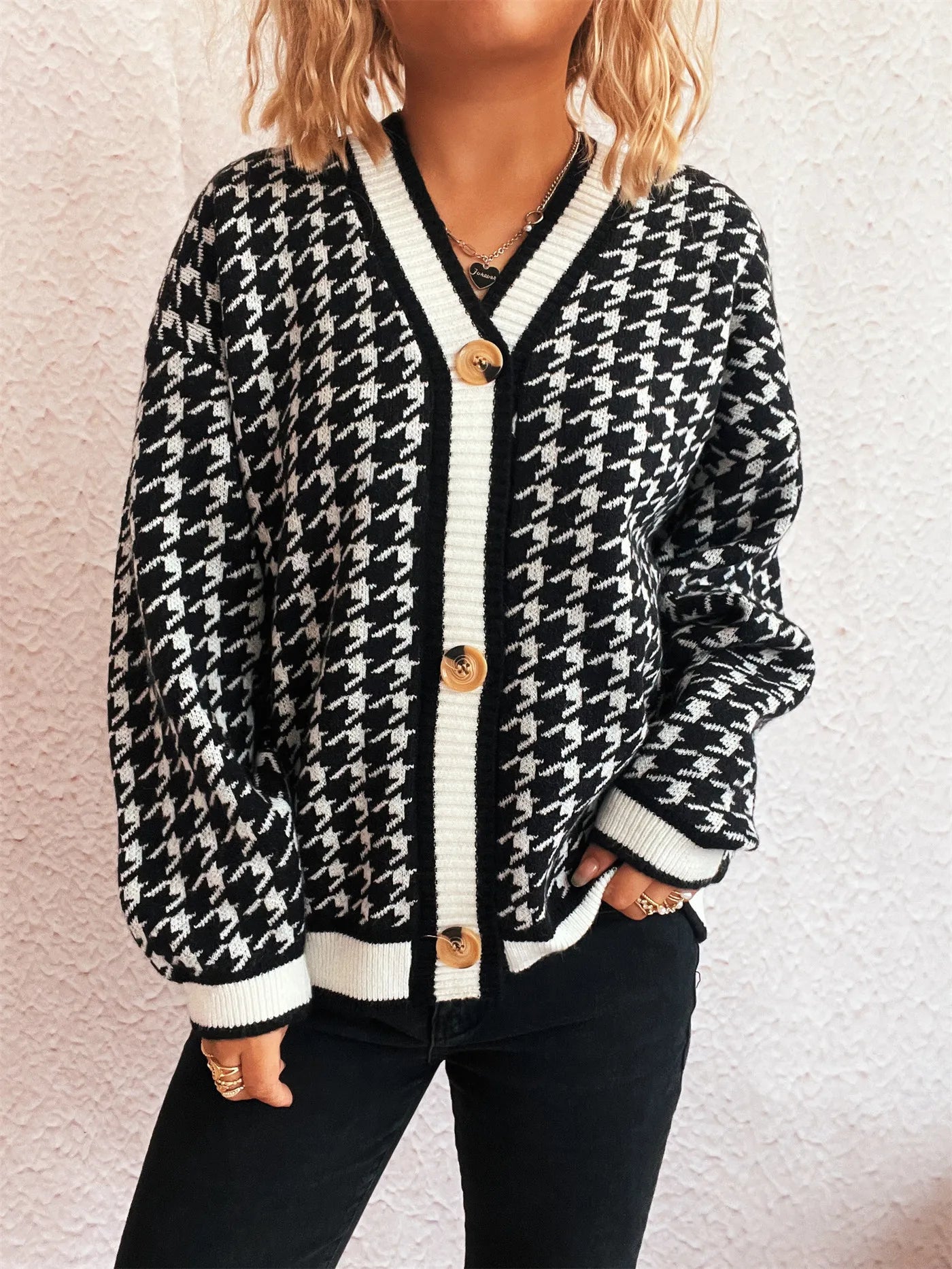 Stitching Plaid Knitted Women's Sweater