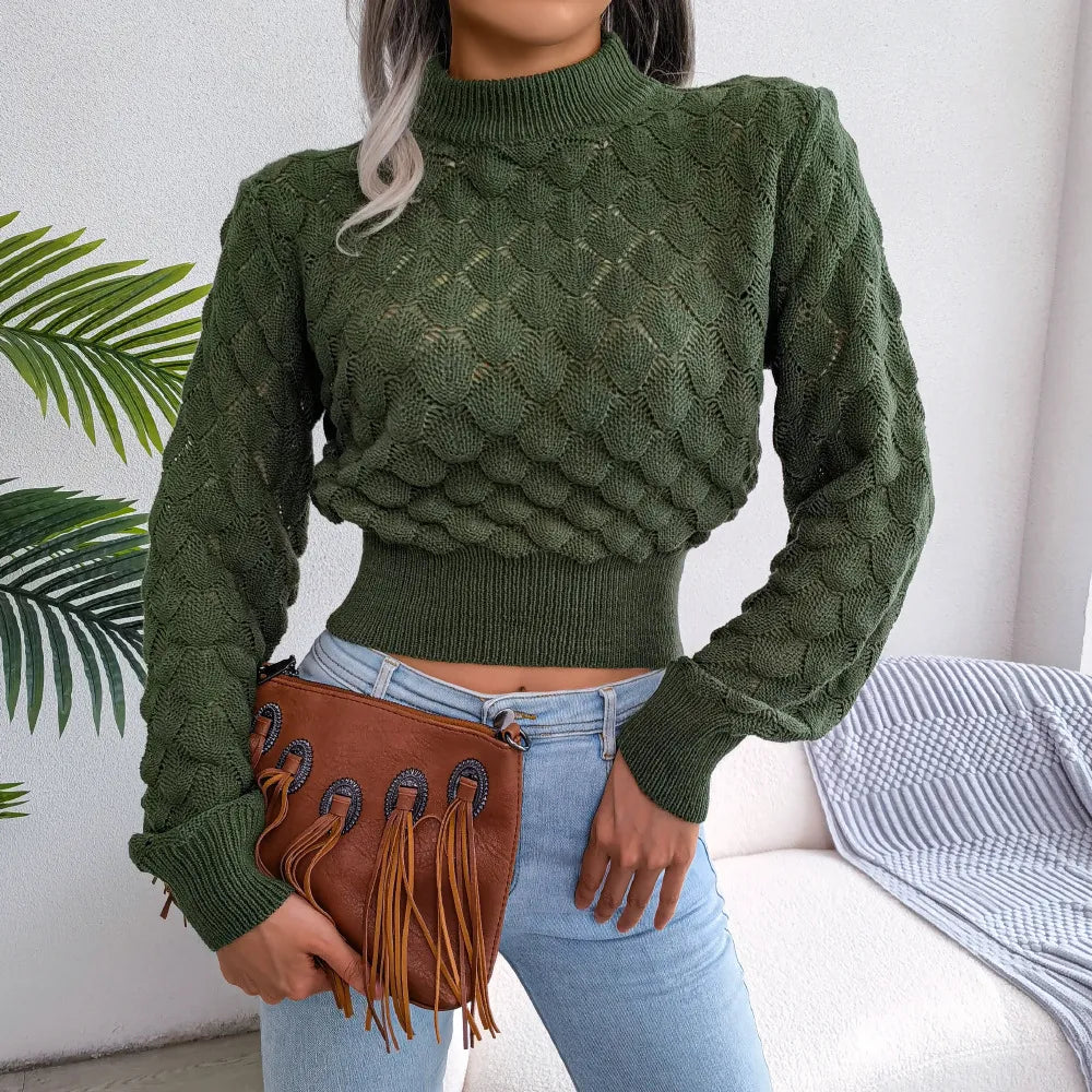 Autumn And Winter 3D Diamond Long-Sleeve Cropped Knit Sweater