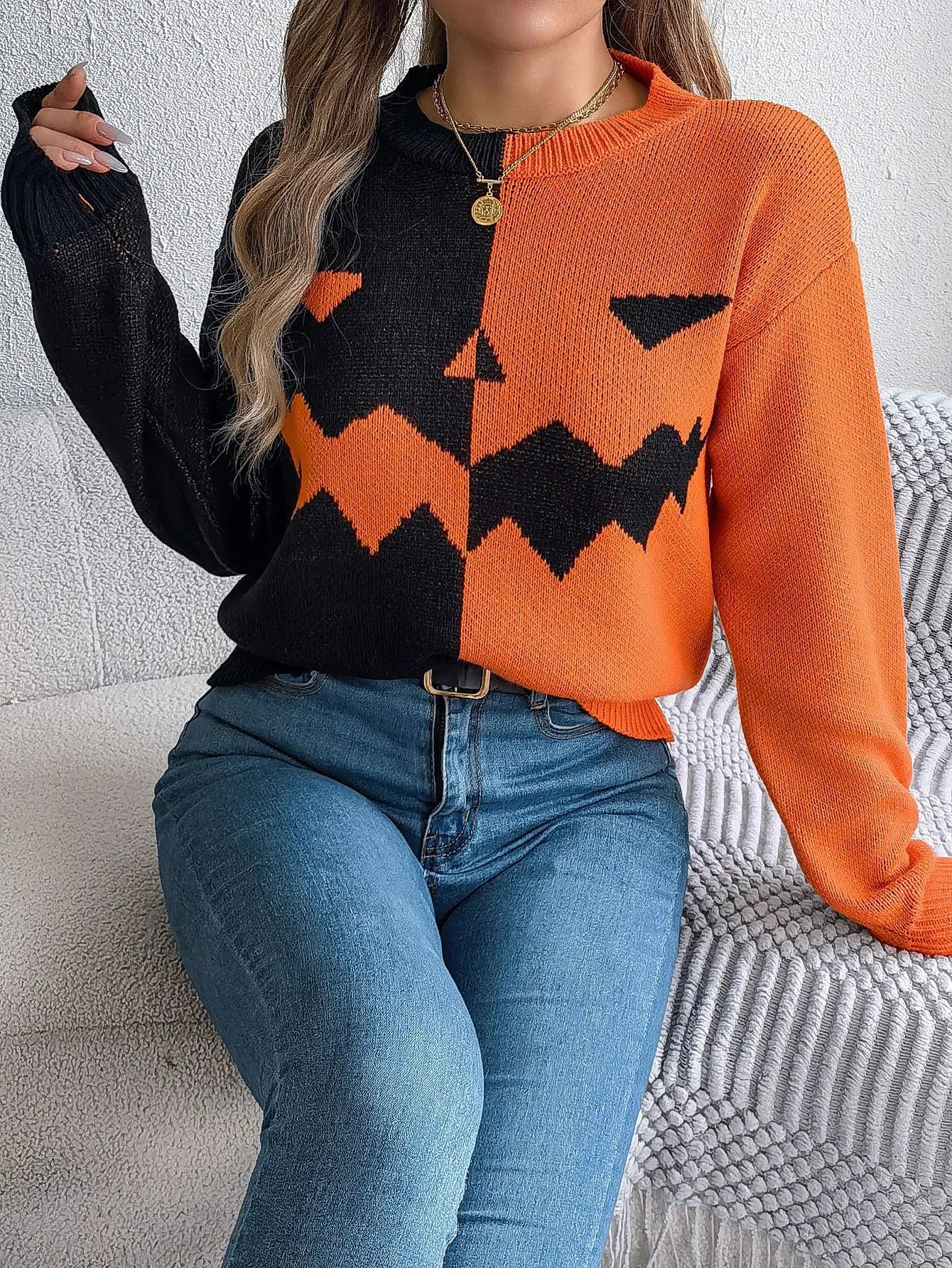 Halloween Contrast-color Pullover Sweater Fashion Long Sleeve Knitted Tops For Womens Clothing