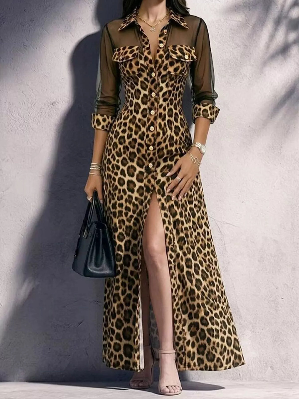 Full Size Leopard Print Sheer Mesh Panel Button-Down Maxi Dress Plus Size