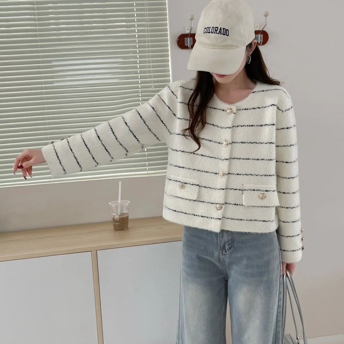 Striped Round Metal Button Faux Pocket Round Neck Sweater