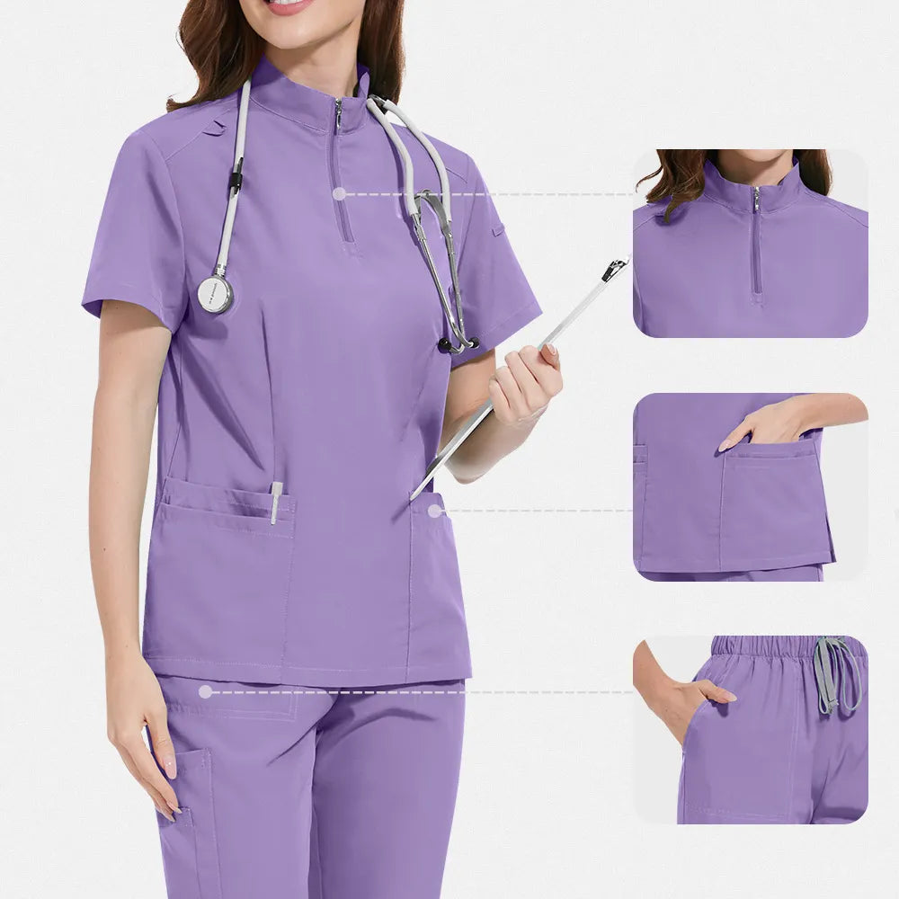 Stand Collar Zipper Doctor Nurse Work Uniforms Suit