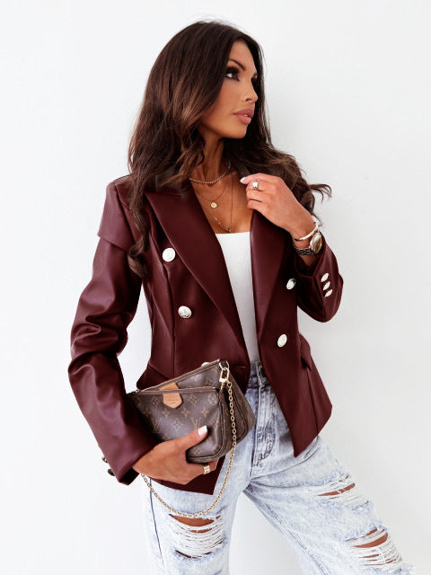 Long Sleeve Double Breasted Fashion PU Leather Suit