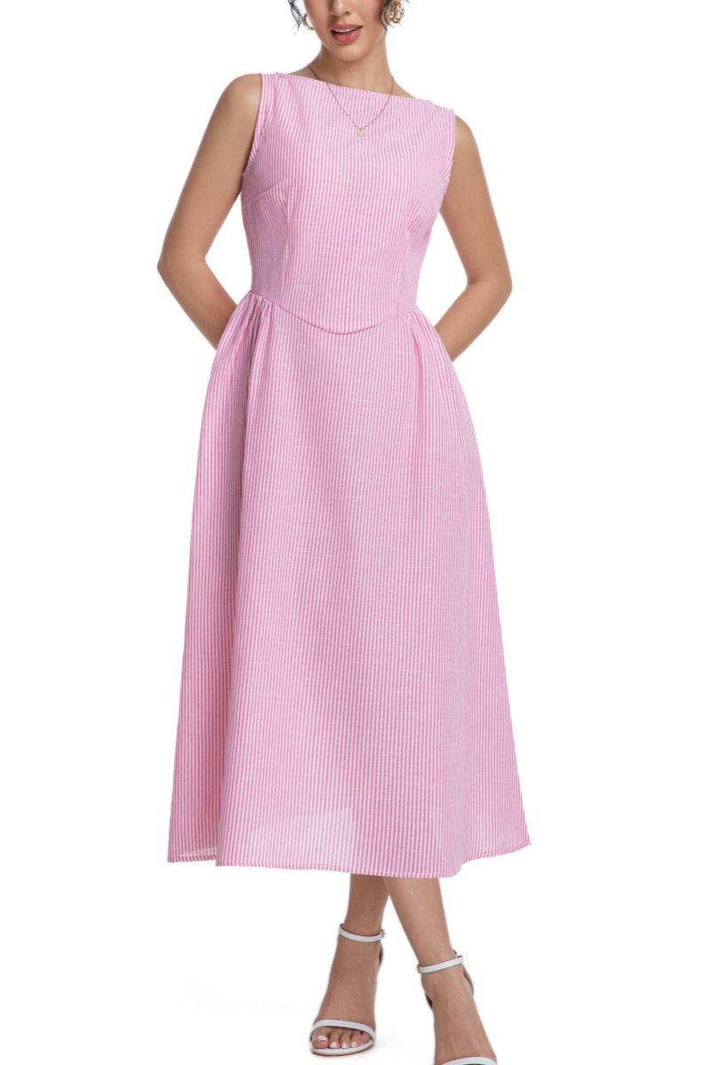 Women's Striped Sleeveless Zipper Princess Dress