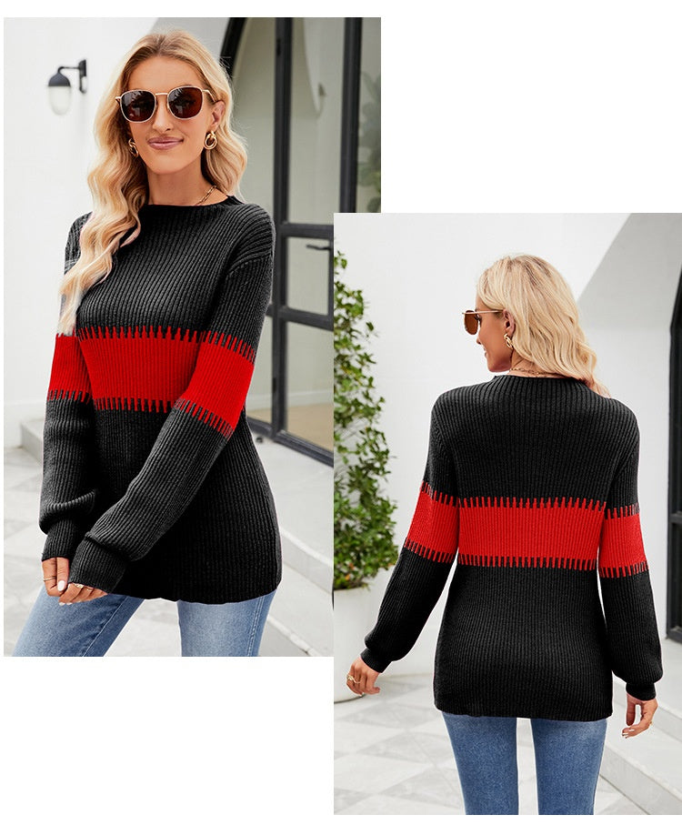 Women's Loose Color Contrast Patchwork Mock Neck Sweater