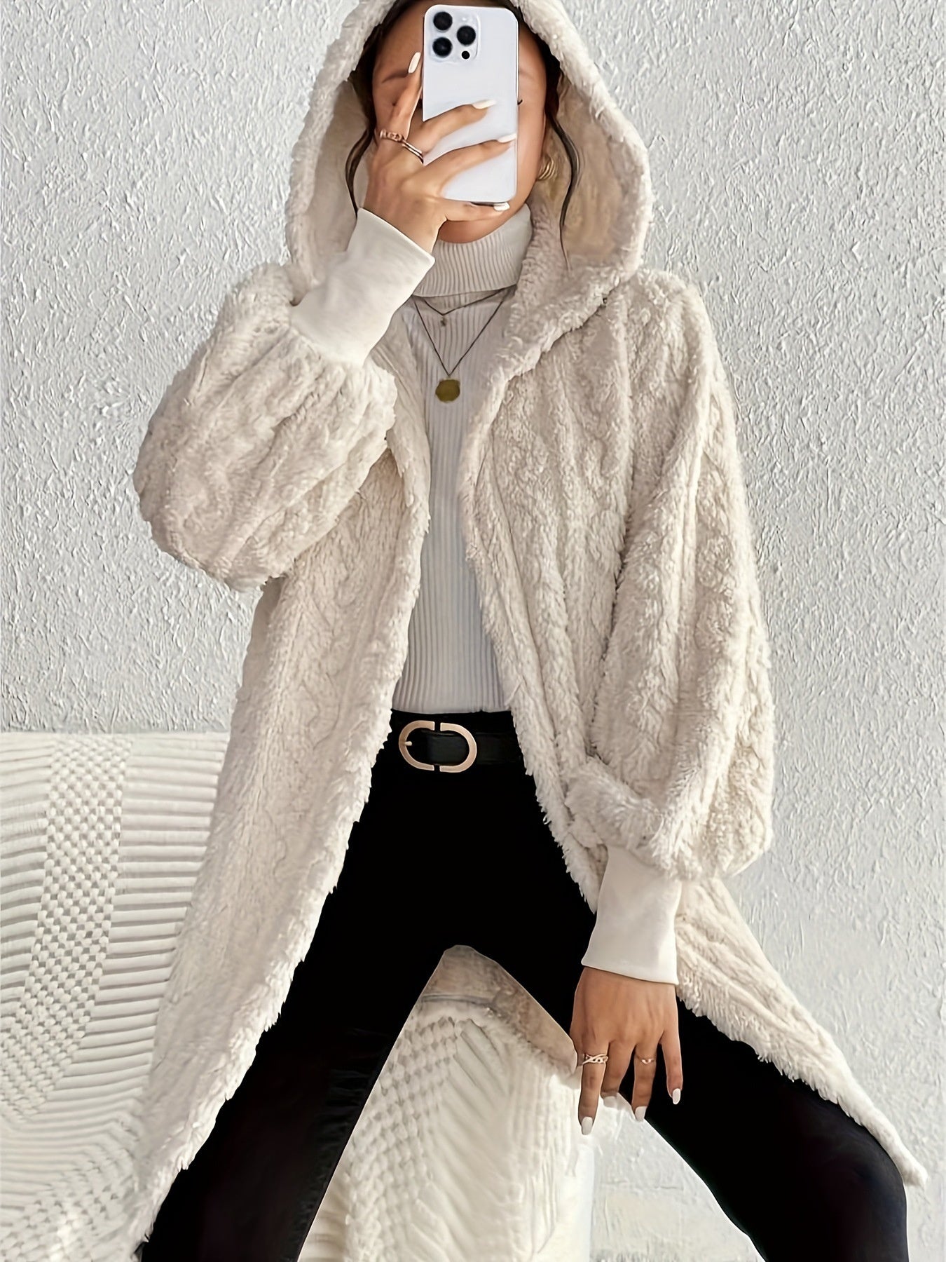 Hooded Double-sided Plush Cuff Thread Long Coat