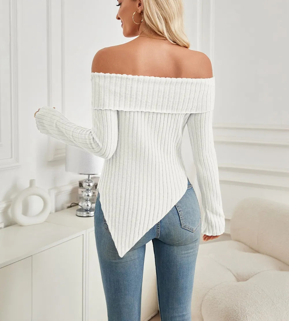 Women's Trendy Knit Ribbed Tops Bow Tie One Shoulder Long Sleeve Sweater Slim Cute Split Shirts Dressy Tops