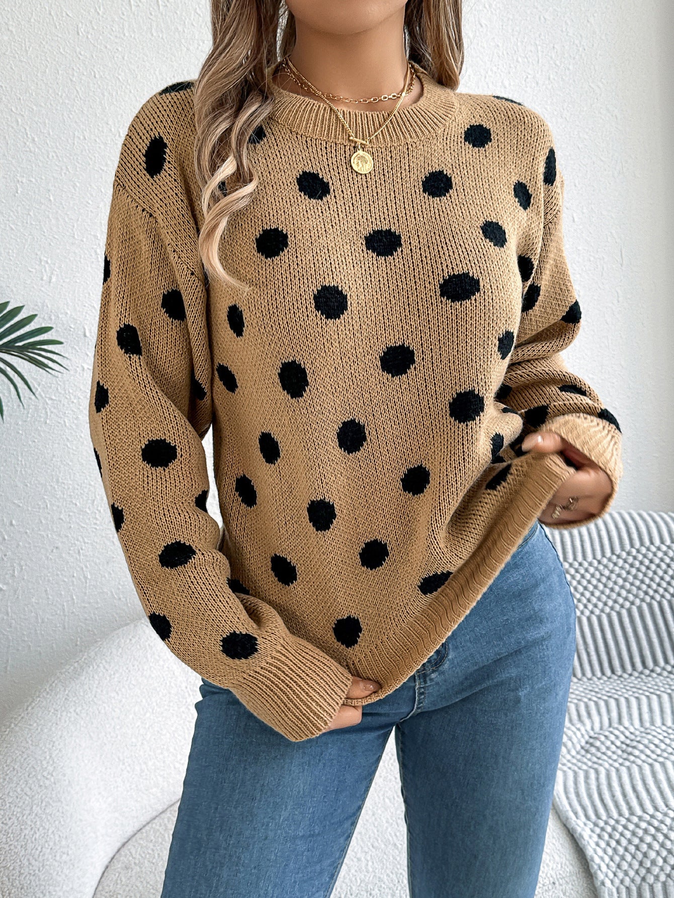 Autumn And Winter Leisure Contrast Color Polka Dot Long Sleeve Pullover
