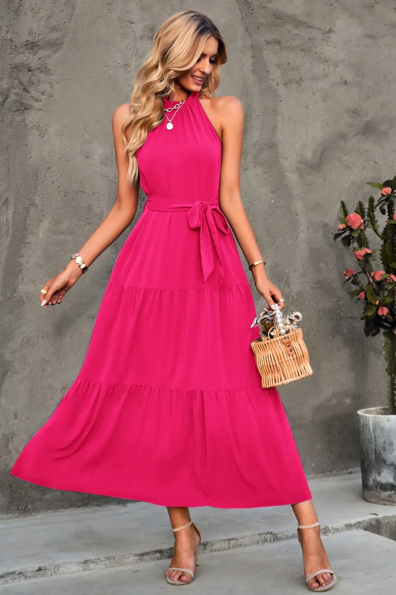 Halter Lace-up Casual Loose Stitching Dress
