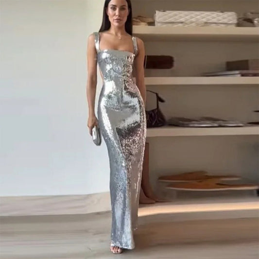 Woman Fashion French High Feeling Silver Sequins Halter Sheath Dress Light Luxury Dinner Year Sexy Long Dresses