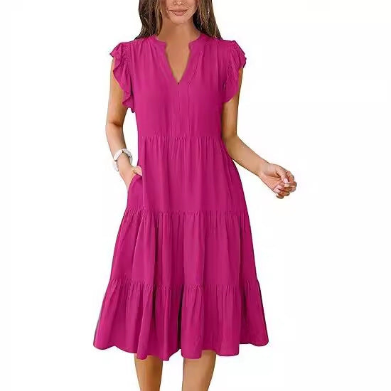 Mid-length Stitching Big Swing Pocket Dress