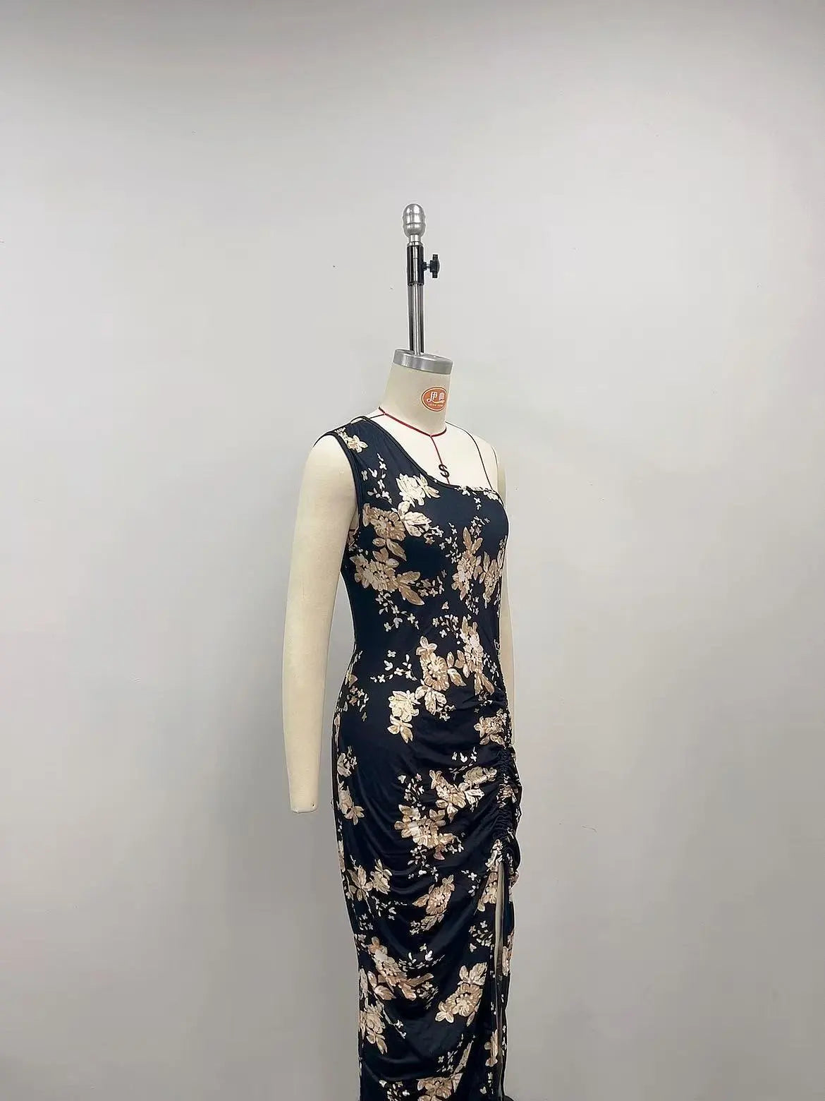 Oblique Shoulder Printed Sheath Dress High Slit
