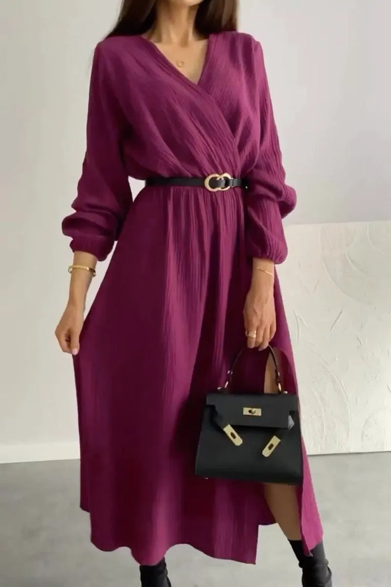 Fashion Long Sleeve Solid Color Waist Tight Dress