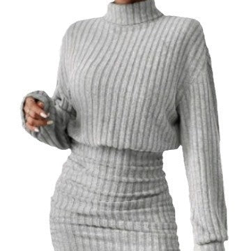 Sunken Stripe Turtleneck Sheath Long Sleeve Dress