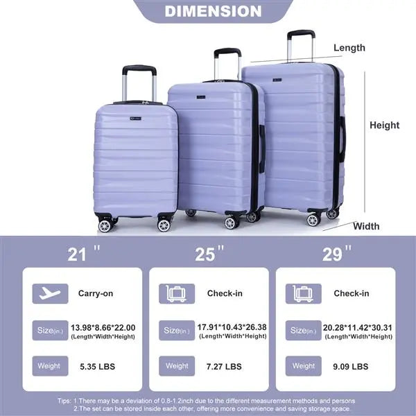 3 Piece Suitcase Set PC Lightweight And Durable Expandable Carrying Case With Two Hooks, Double Swivel Wheels, TSA Lock, 21-25-29 Light Purple- FREE USA SHIPPING