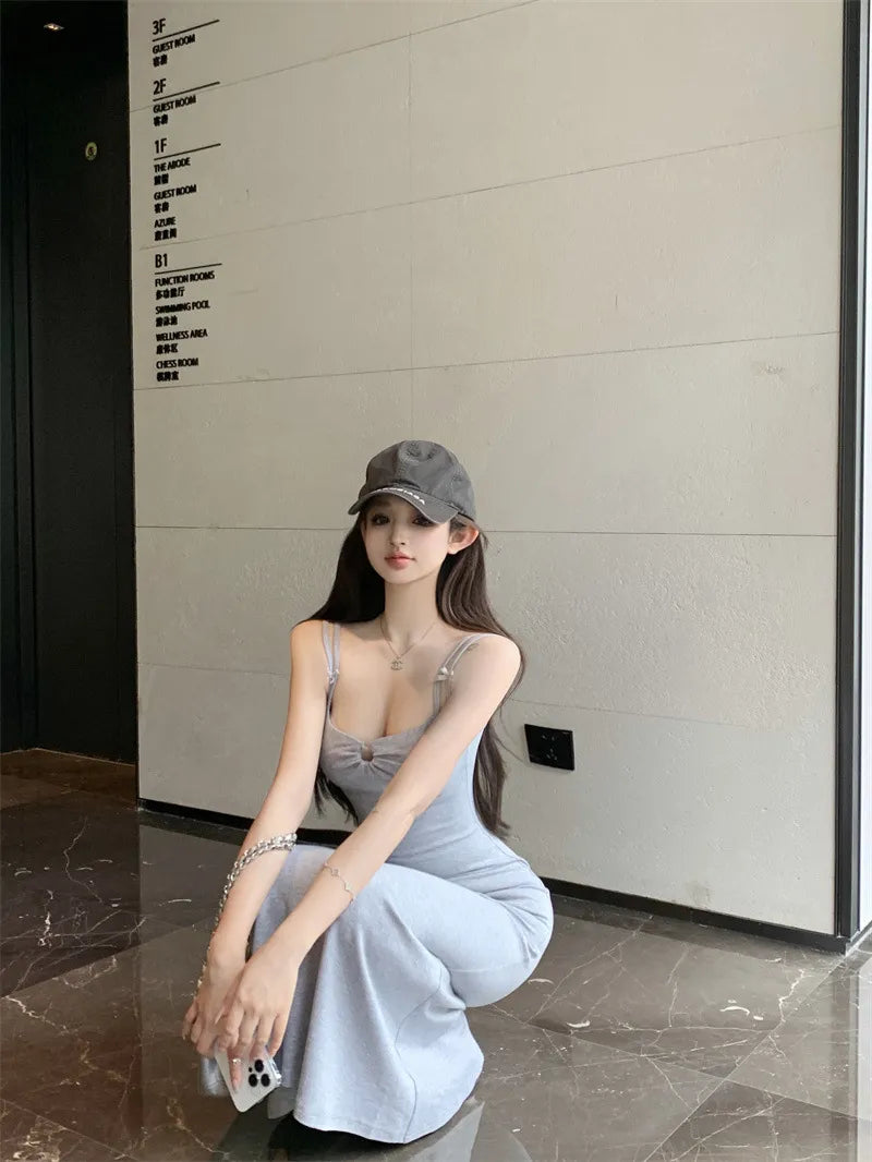 Double-shoulder Strap Sling Waist-tight Slim And Sexy Hip-wrapped Fishtail Dress
