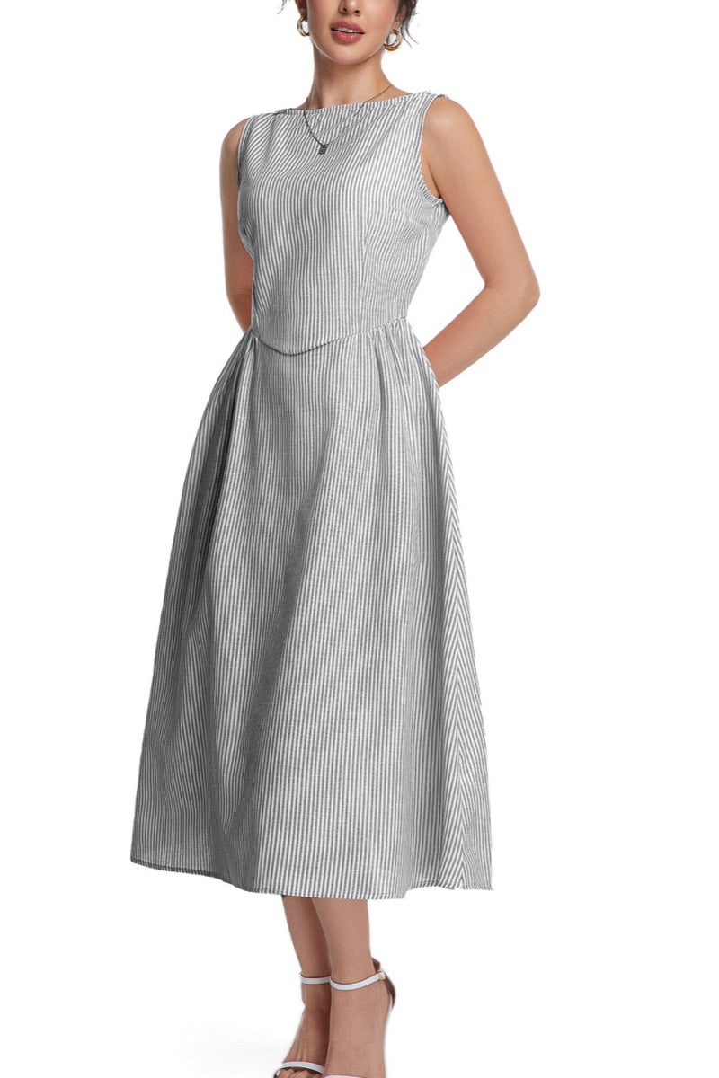 Women's Striped Sleeveless Zipper Princess Dress