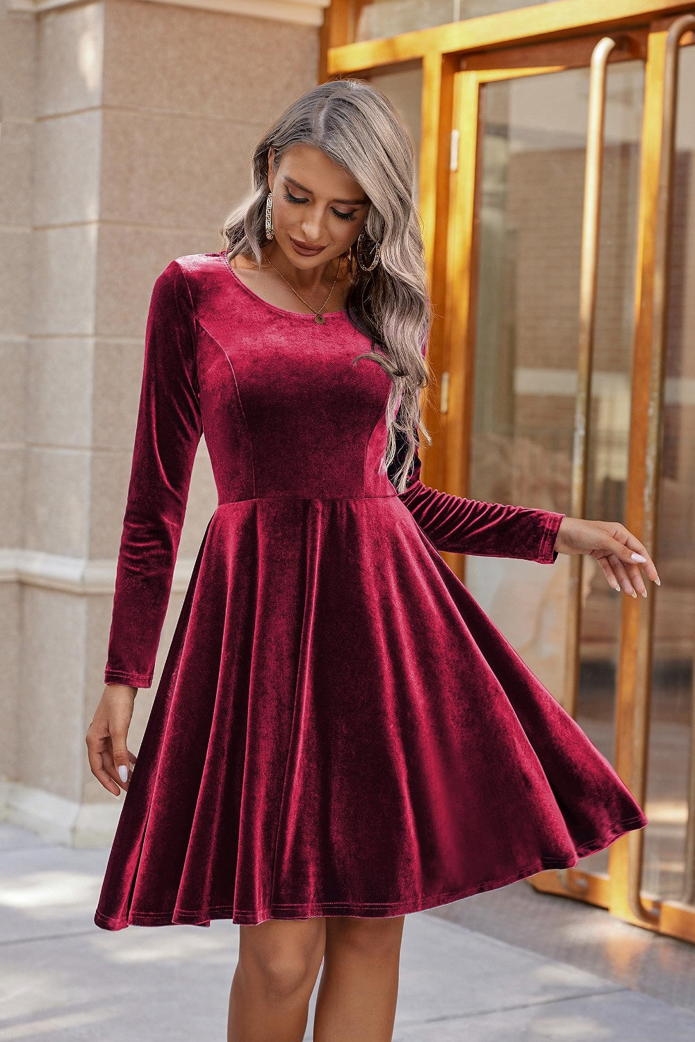 Round Neck Long Sleeve Knee Length Dress