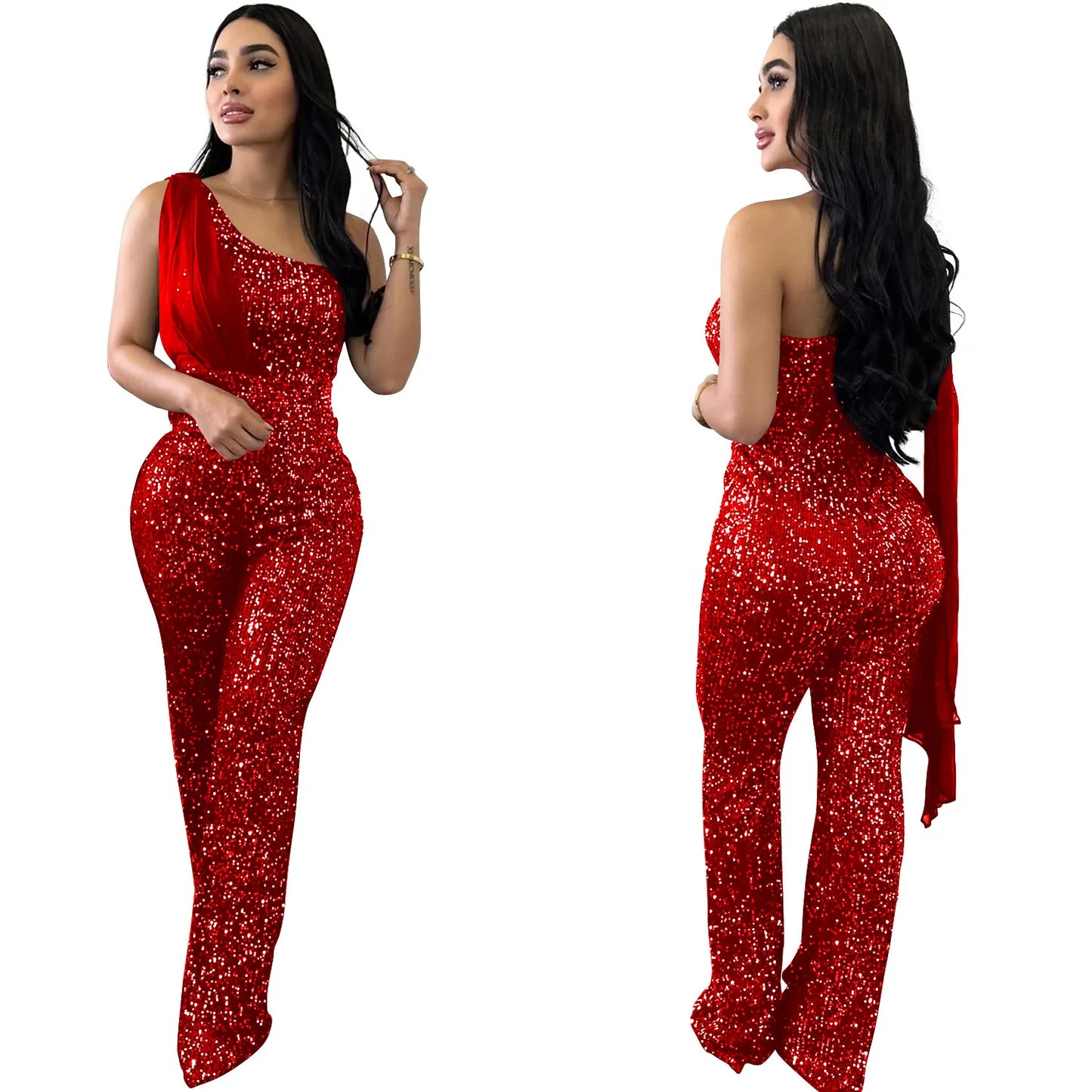 Women's Solid Color Sleeveless One-shoulder Sequined Trousers Jumpsuit