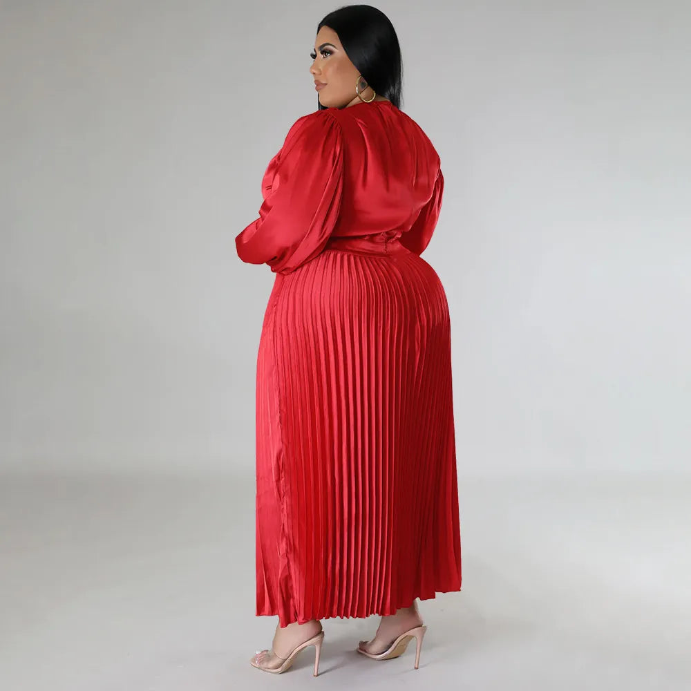 Pleated Round-neck Long Dress Women