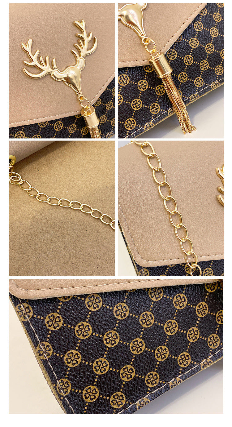 Tassel Deer Head Contrast Color Chain Small Square Leisure Phone Bag