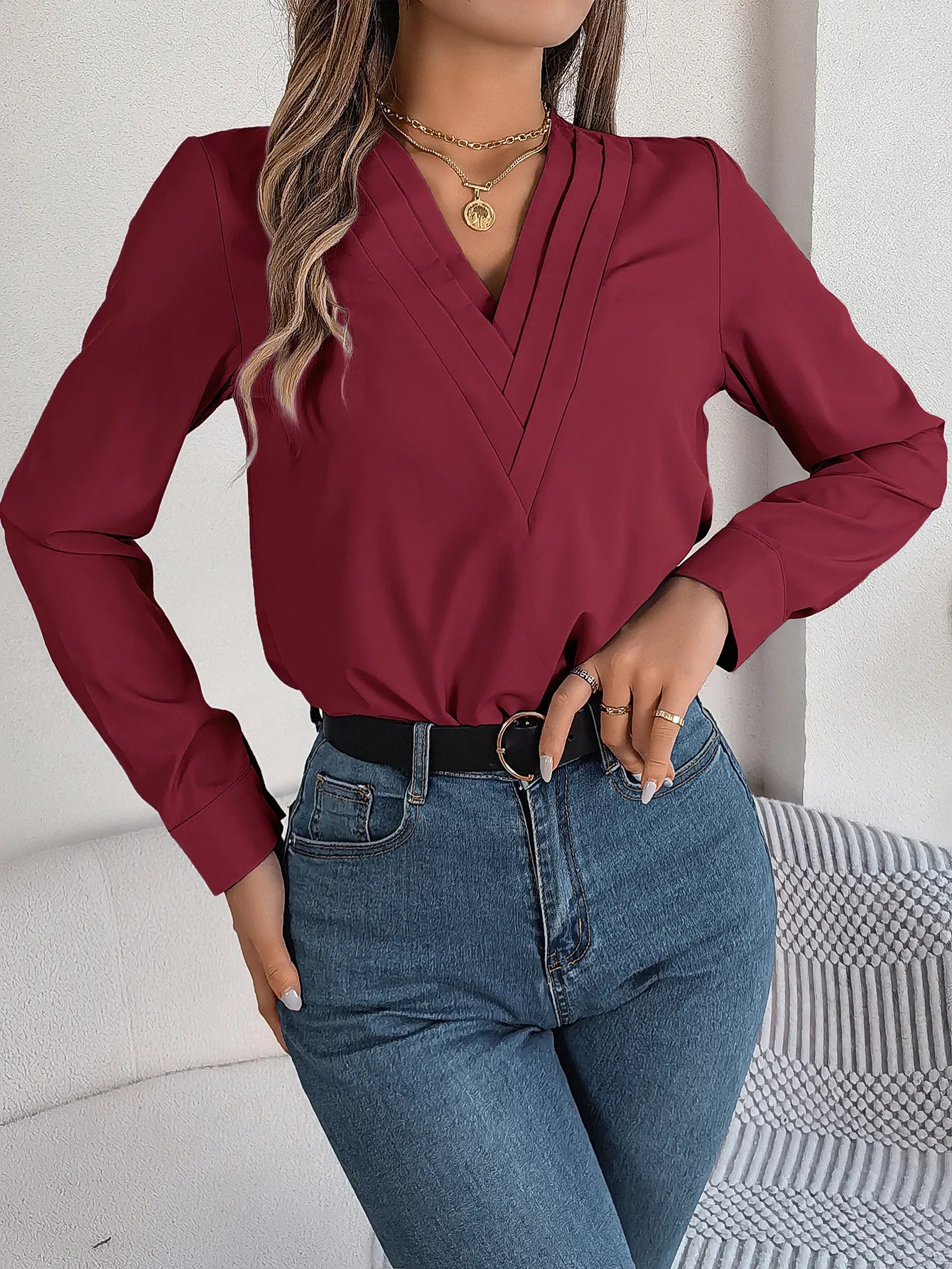 Fashion V-Neck Long Sleeve Shirt Elegant Commuter Solid Blouse Office Women's Clothing