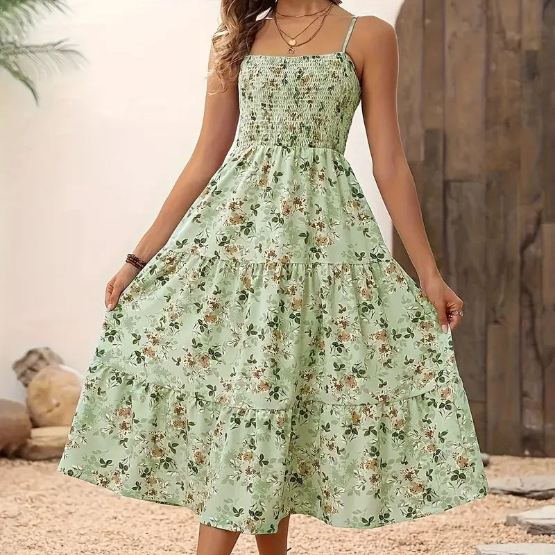 Womens Summer Floral Midi Dress Smocked Spaghetti Strap Sleeveless Tiered Casual Flowy-FREE USA SHIPPING Dresses
