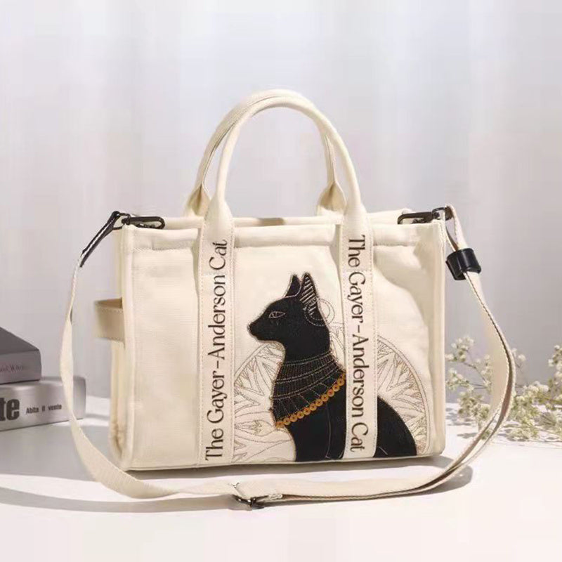 Cat Embroidered Canvas Shoulder Bag Letter Print Handbags Leisure Daily Students Preppy Style Messenger Crossbody Bags